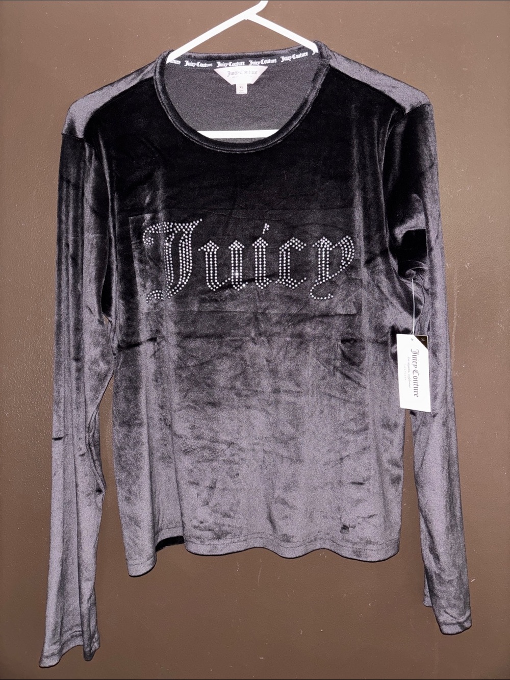 Juicy Couture Charcoal Velvet Long-Sleeve Top with Stud Logo
